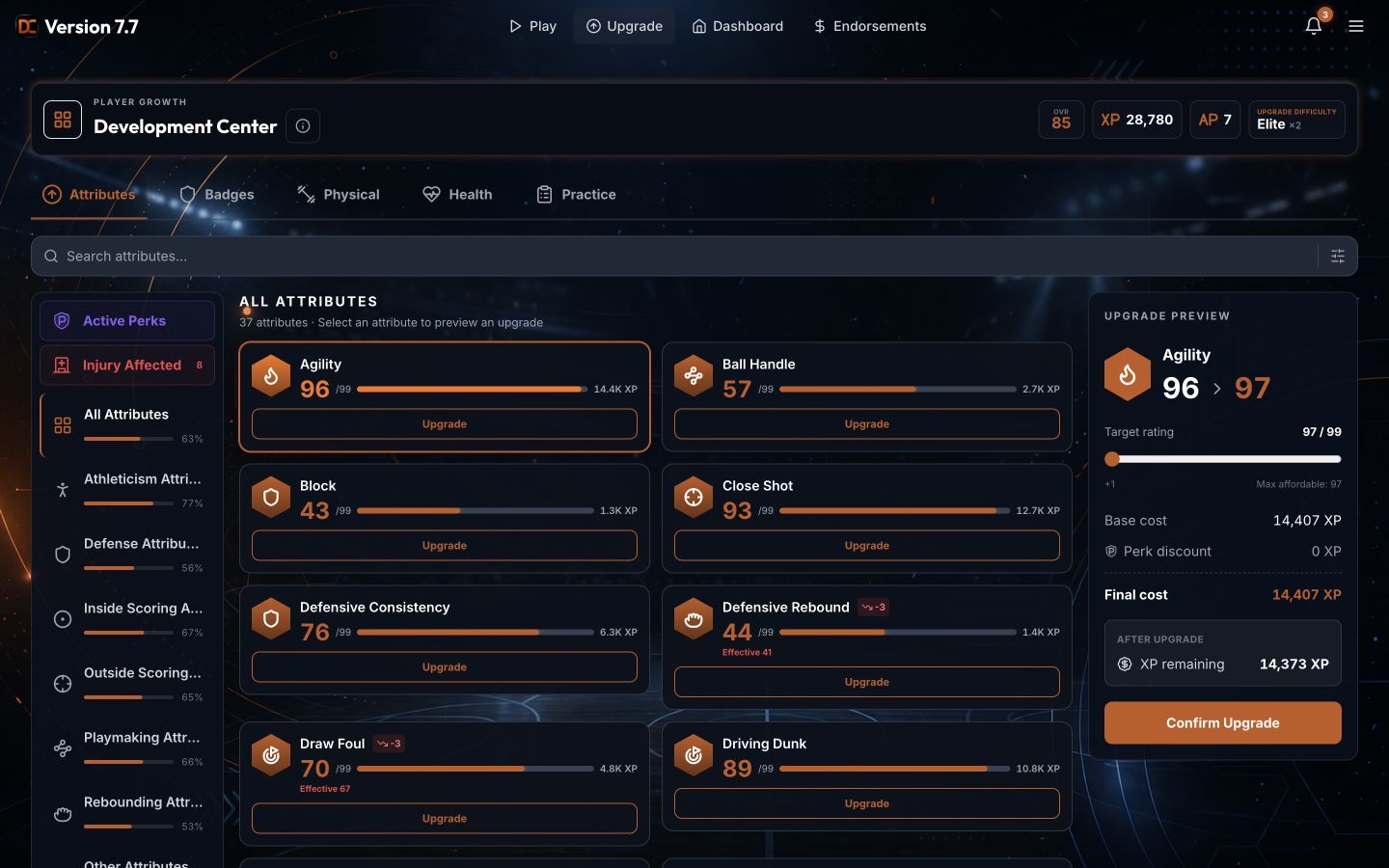 Draft Companion’s Development Center showing attribute choices, an agility upgrade preview, and the XP cost.