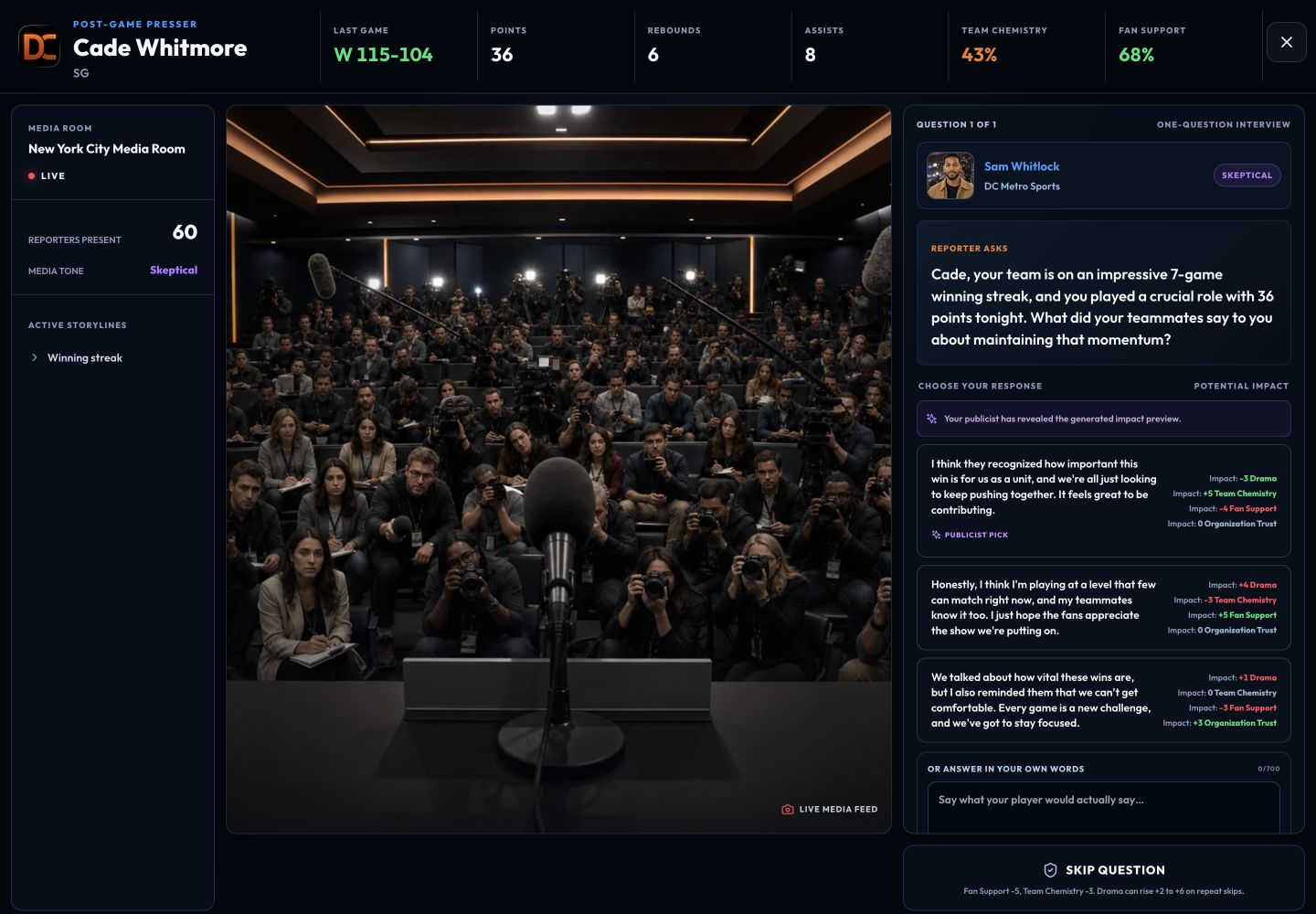 A Draft Companion post-game press conference showing a reporter’s question, response choices with potential consequences, and a custom-answer field.