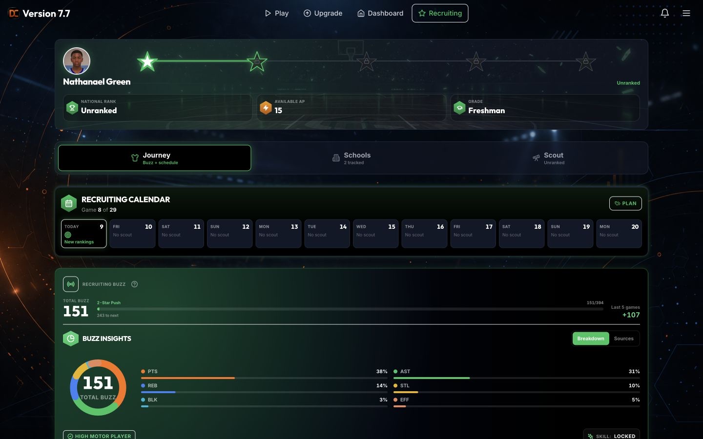 A high school recruiting screen showing an unranked freshman, a recruiting calendar, and performance contributions to recruiting buzz.