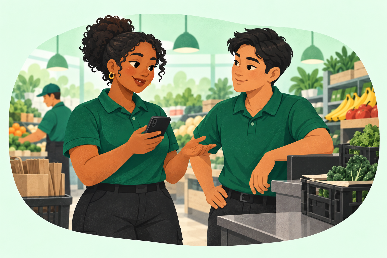Illustration of two retail colleagues discussing work together in a grocery store.