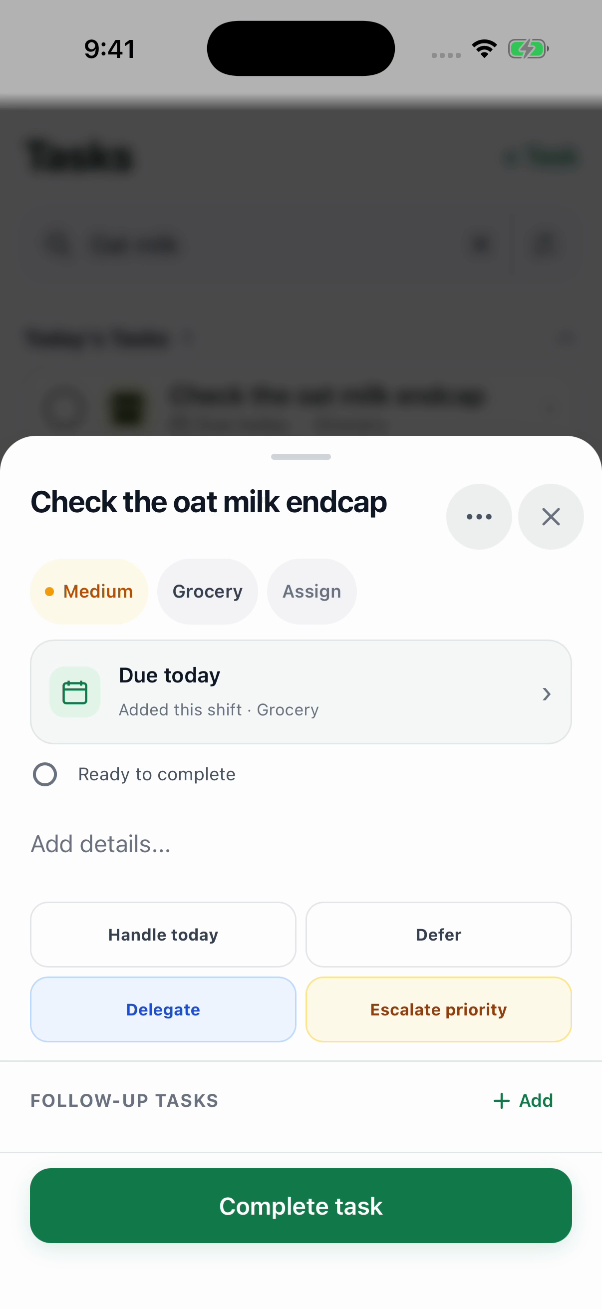 Taldi task detail showing Check the oat milk endcap, the Grocery department, a due-today date, and a Complete task button.