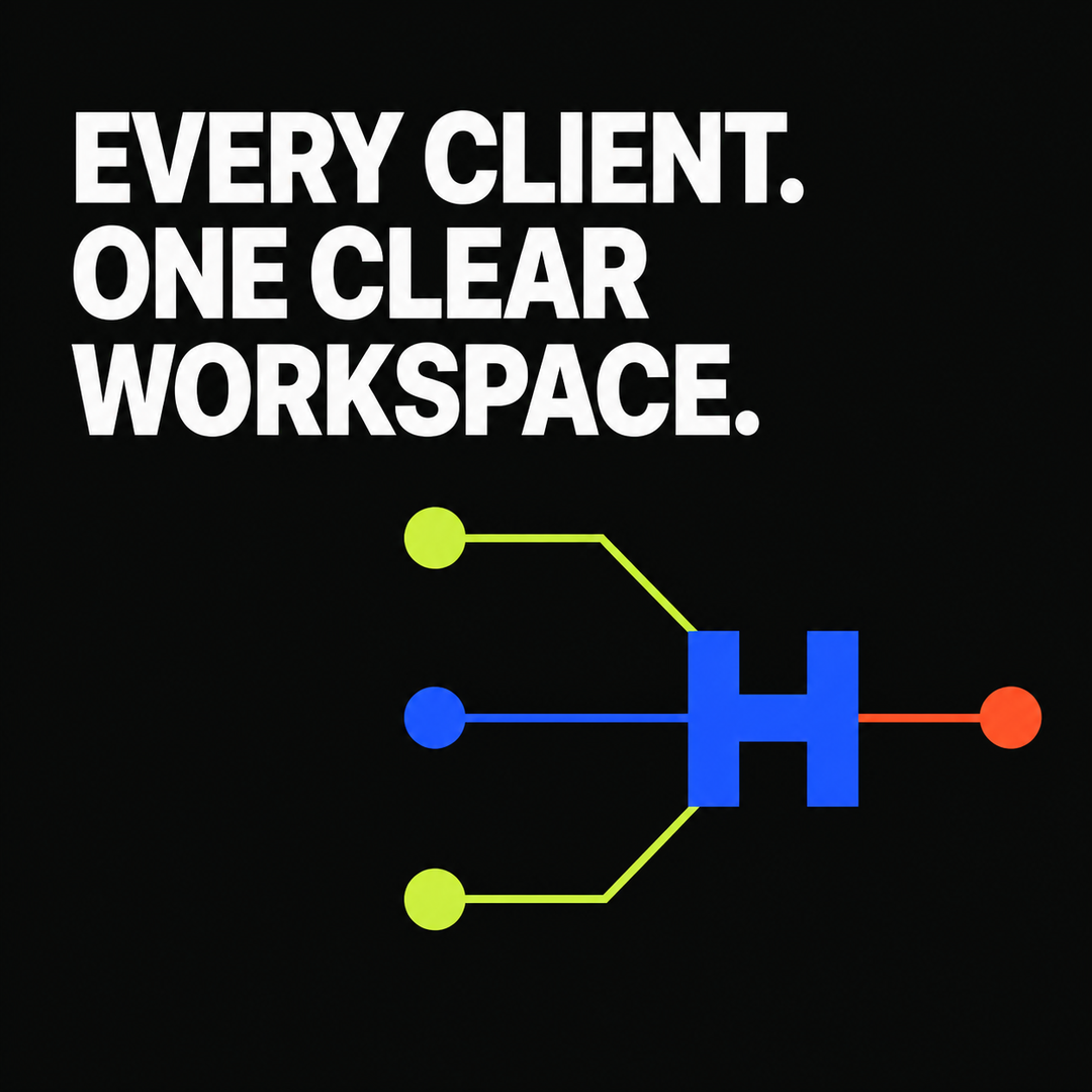Hubly agency-workspace artwork with the headline “Every client. One clear workspace.”