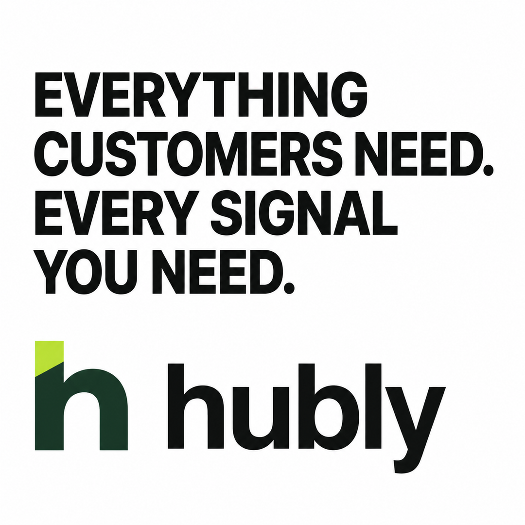 Hubly launch artwork with the Signal H logo and the message “Everything customers need. Every signal you need.”