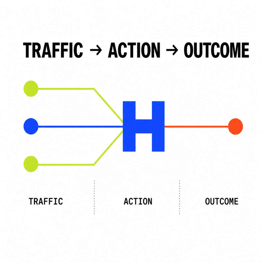 Hubly campaign artwork introducing the journey from traffic to action to outcome.